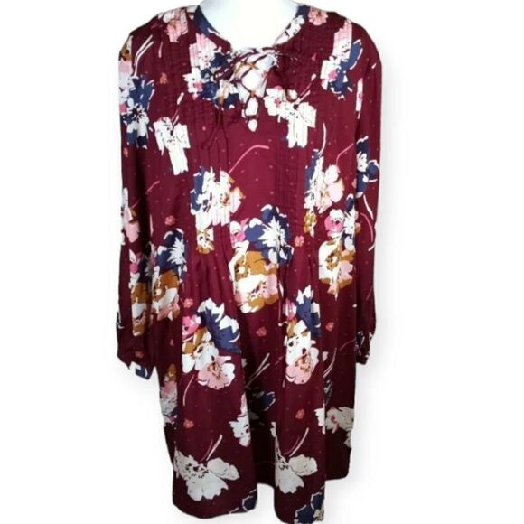 OLD NAVY BURGUNDY & BLUE, WHITE, & GOLD BOHO-INSPIRED FLORAL DRESS SZ.L NWT. - Picture 2 of 9